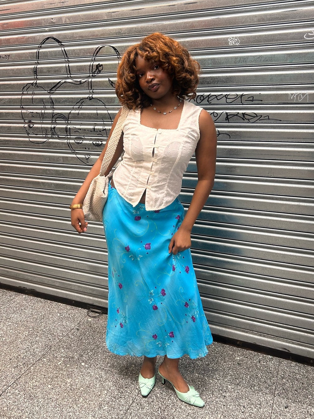 y2k bright blue floral print maxi skirt with whimsical purple flowers